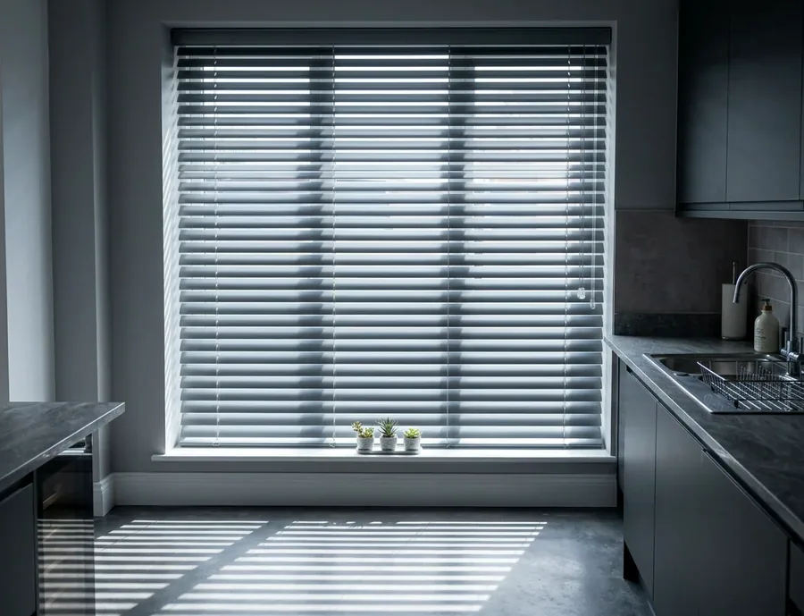 Aluminium venetian slats tilted against low sun, casting striped light across an Inanda kitchen
