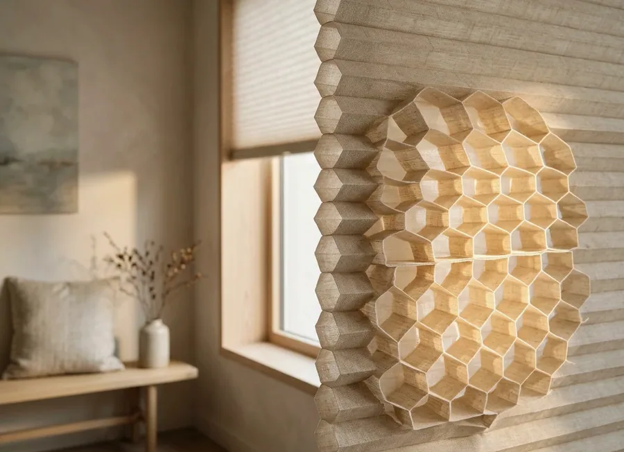 Close-up of a cellular honeycomb blind's layered air-cell structure in an Inanda bedroom