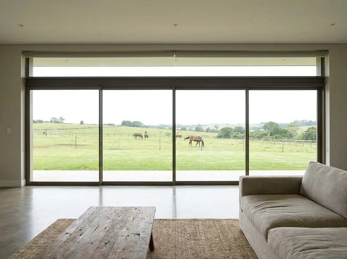 Blind concealed in a ceiling recess above a minimalist glass wall in an architect-built Inanda home