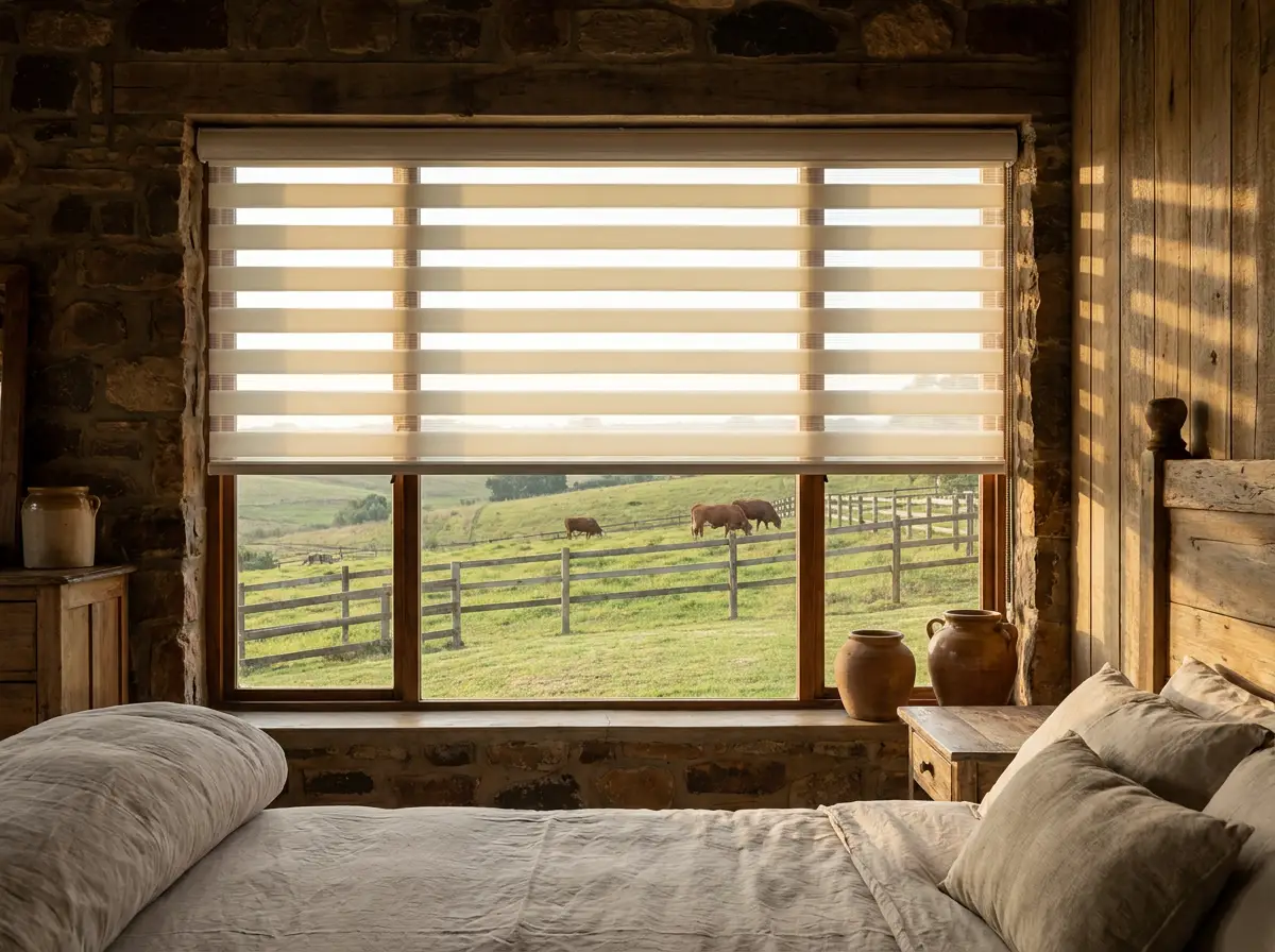 Day and night zebra blind with alternating sheer and opaque bands in an Inanda bedroom window