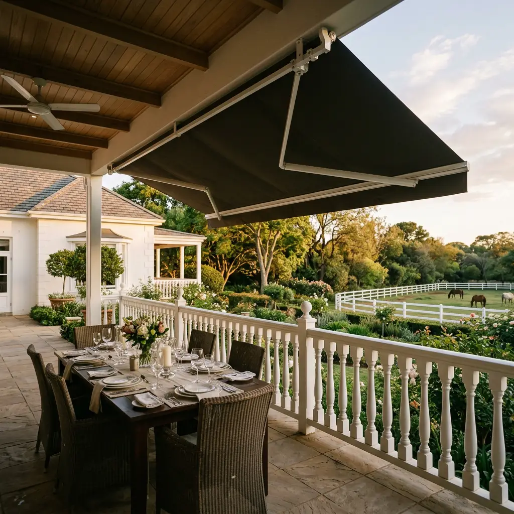 Entertaining veranda at an Inanda estate in early evening light, a folding-arm awning extended over a dining table