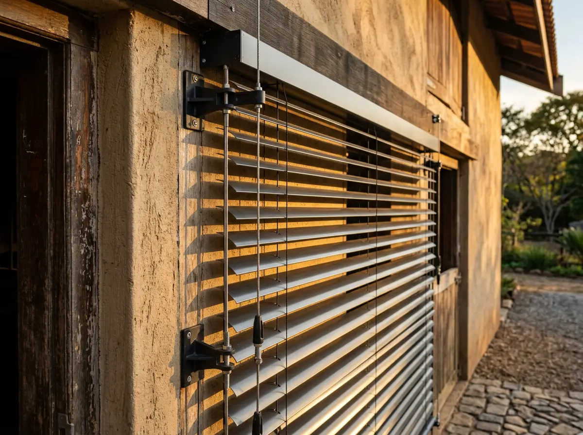 Close-up of aluminium external venetian blind slats and bracket hardware on a stable-style outbuilding at an Inanda estate