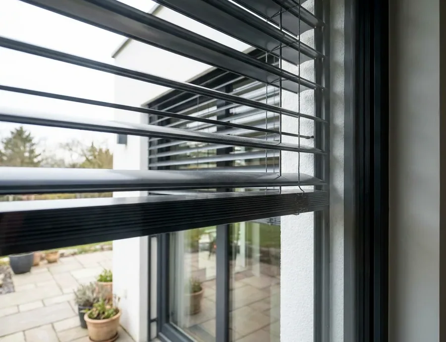 External aluminium venetian blind slats and guide cables photographed from outside the glass of a contemporary home