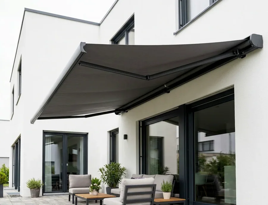 Folding-arm awning extended over an entertainment veranda at an Inanda estate home