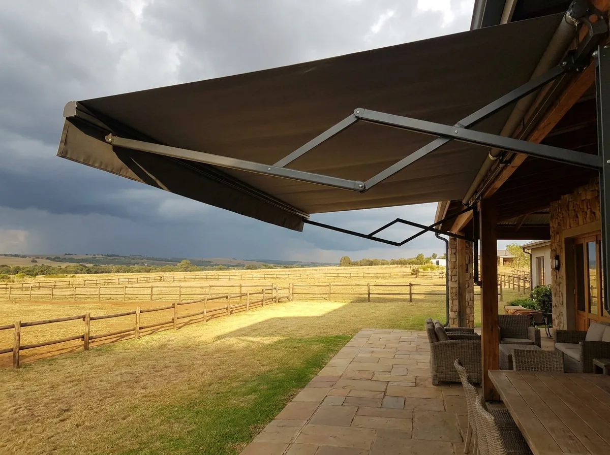 A folding-arm awning with a flat taut canopy extended over a paved veranda, its articulated arms visible underneath and no support posts, looking out over paddock fencing with a highveld thunderstorm building behind