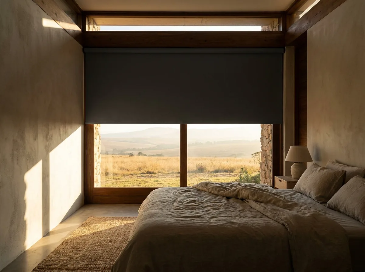 A main bedroom at sunrise with a large east-facing window, a single flat blockout roller blind lowered most of the way down the glass with no folds or slats, hard early light striking the wall beside it while the room stays dark