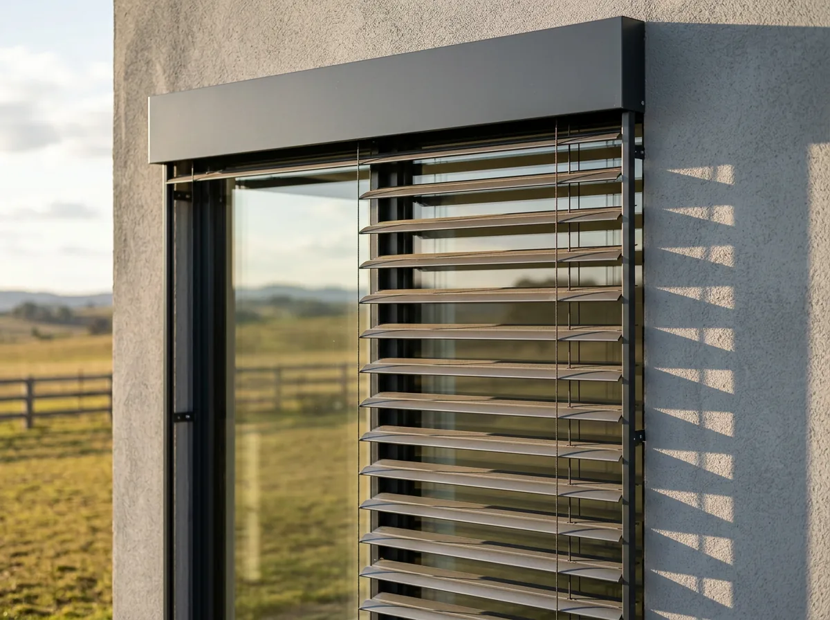 Close detail of an external venetian blind on a west elevation: a slim aluminium headbox above the window and wide horizontal slats running in narrow vertical guide rails outside the glass, tilted against low sun, with open grassland and paddock fencing beyond