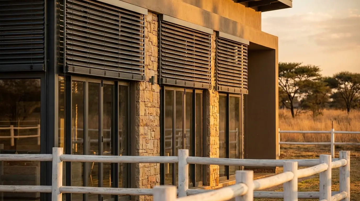 Closer view of an Inanda estate facade showing rows of external aluminium venetian blinds above tall glazing, white paddock fencing in the foreground, warm late-afternoon highveld light