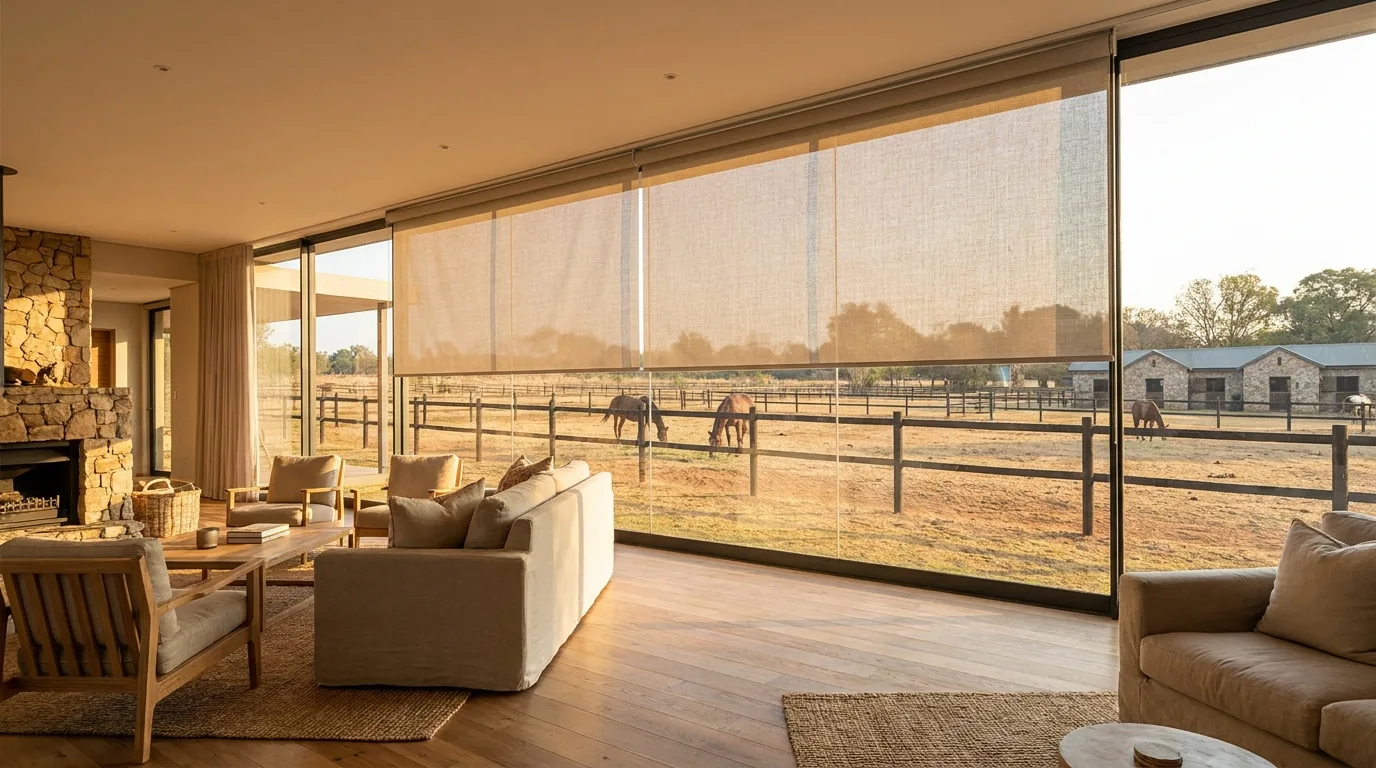 Wide living-room glazing seen from inside an Inanda-style home, with flat open-weave sunscreen roller blinds lowered across the upper glass, softening late afternoon glare while horses, paddock fencing and stables stay visible through the weave