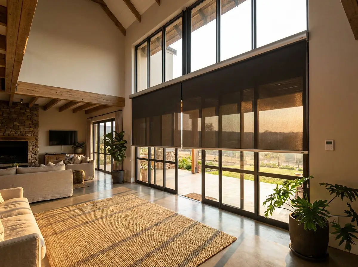 Motorised roller blinds half-drawn across a wide glazed wall in a double-volume Inanda lounge