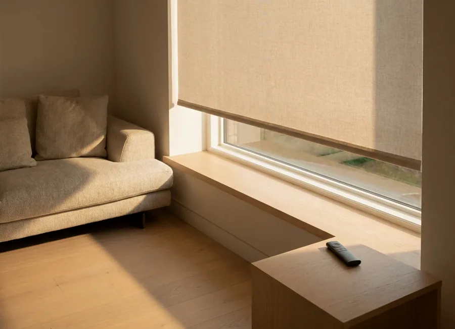 Motorised roller blind lowered over a wide window with the remote control resting on the side table
