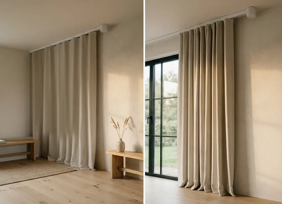 Sheer and blockout curtains on a motorised ceiling track across a wide glazed wall in an Inanda living room