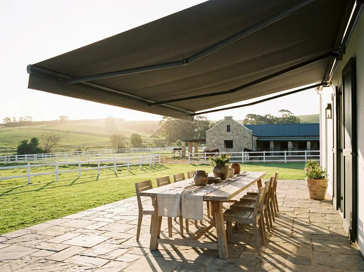 Outdoor patio at an Inanda estate with a fold-arm awning shading the entertainment area