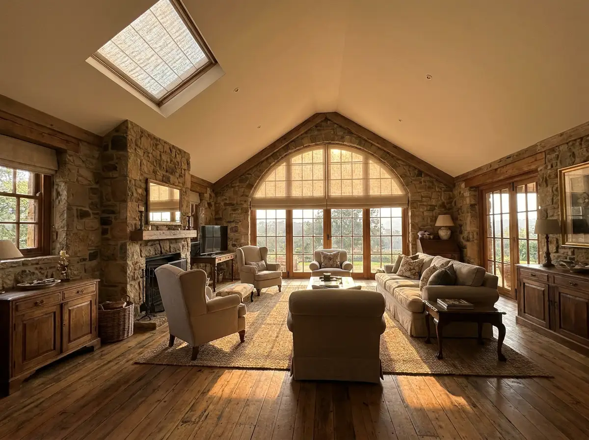 Shaped blind fitted to an arched gable window and skylight in an Inanda home