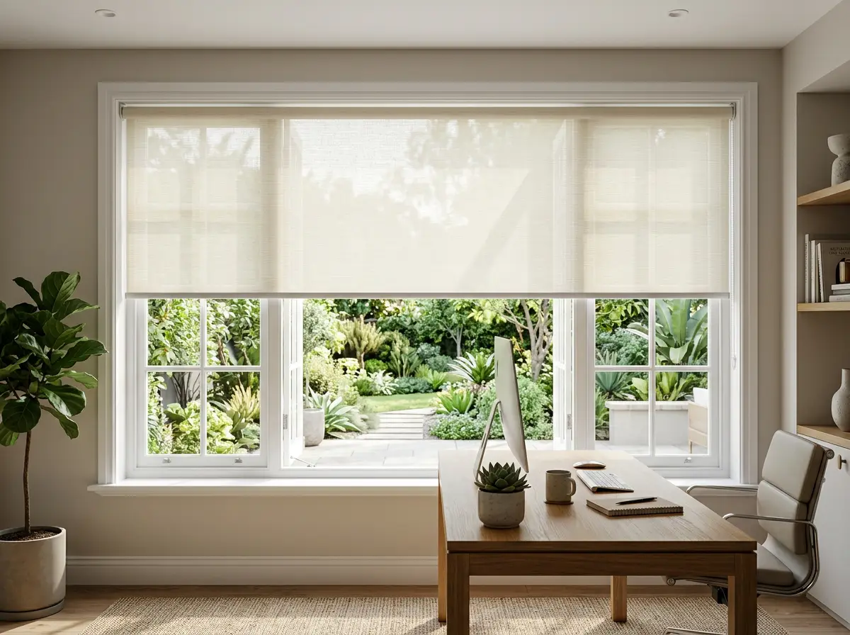 Sunscreen roller blind half-lowered over a garden-facing window in an Inanda home office