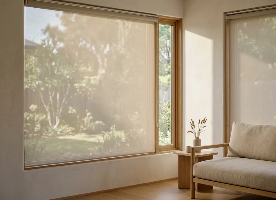 Sunscreen roller blind half-lowered over wide paddock-facing glass in an Inanda living room