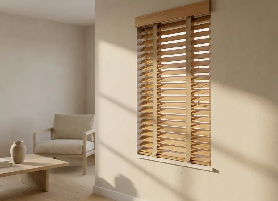 Warm timber venetian blinds tilted open in a country-house-style Inanda study