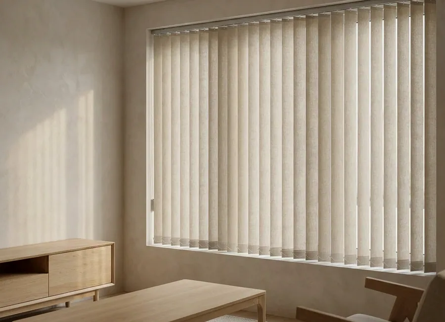 Cream fabric vertical blind vanes drawn across a wide window in an Inanda living room